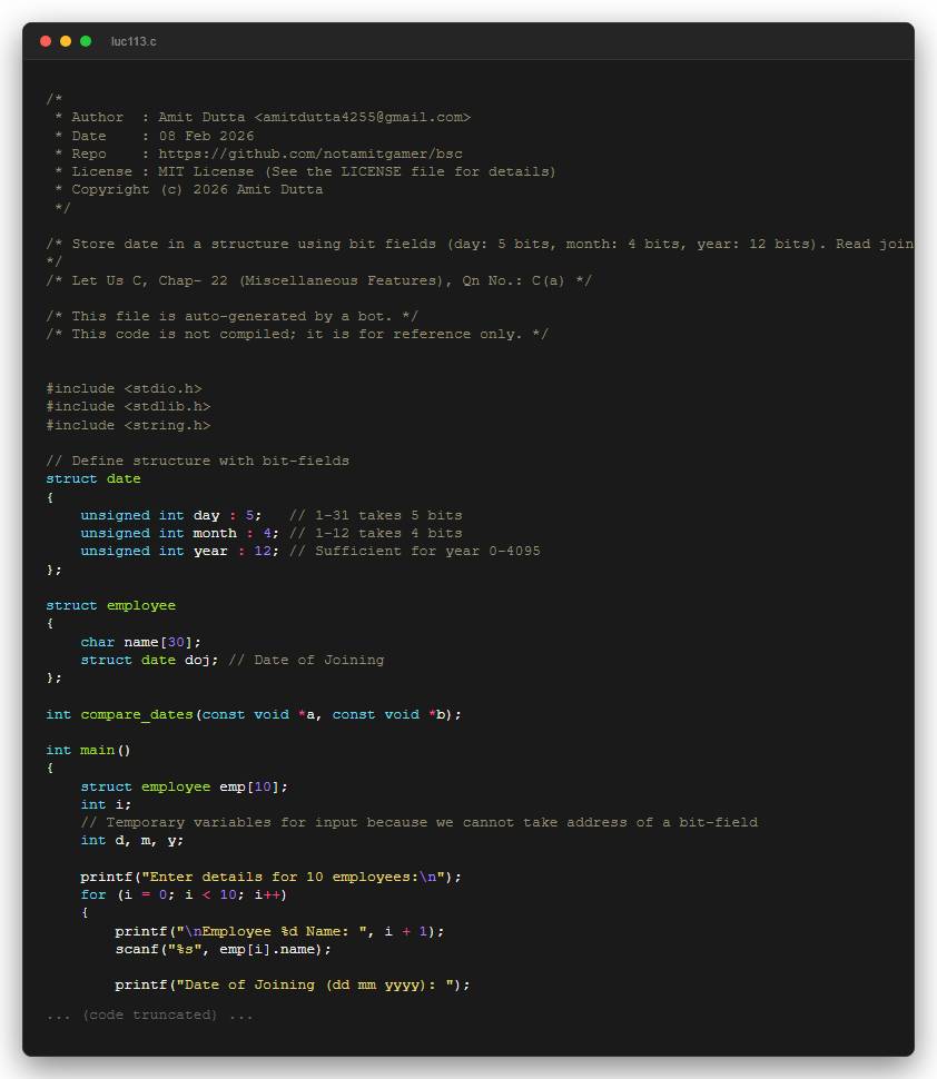 Store date in a structure using bit fields (day: 5 bits, month: 4 bits, year: 12 bits). Read joining dates of 10 employees and display them sorted by year.